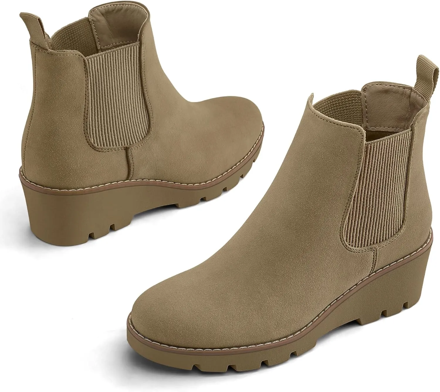 mysoft Women's Chelsea Wedge Booties Platform Lug Sole Elastic Low Wedge Heel Slip On Ankle Boots