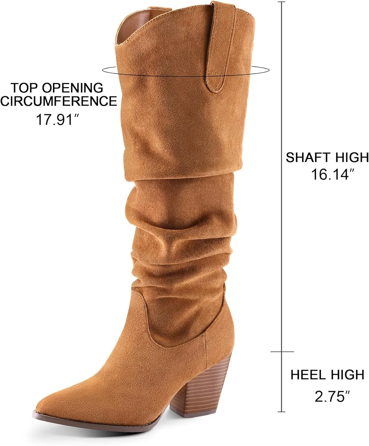 mysoft Women's Cowboy Knee-High Boots Pointed Toe Mid Chunky Heel Pull On Slouchy Boots with Zippers