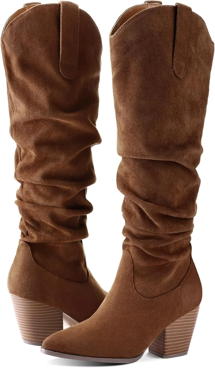 mysoft Women's Cowboy Knee-High Boots Pointed Toe Mid Chunky Heel Pull On Slouchy Boots with Zippers