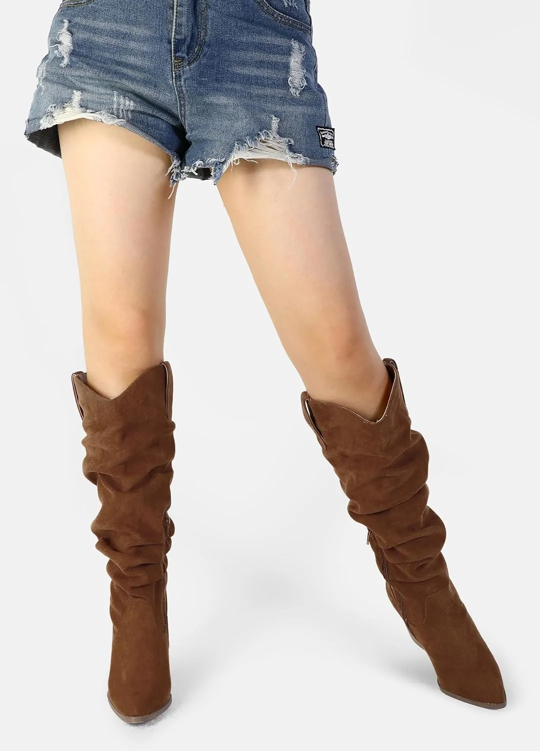 mysoft Women's Cowboy Knee-High Boots Pointed Toe Mid Chunky Heel Pull On Slouchy Boots with Zippers