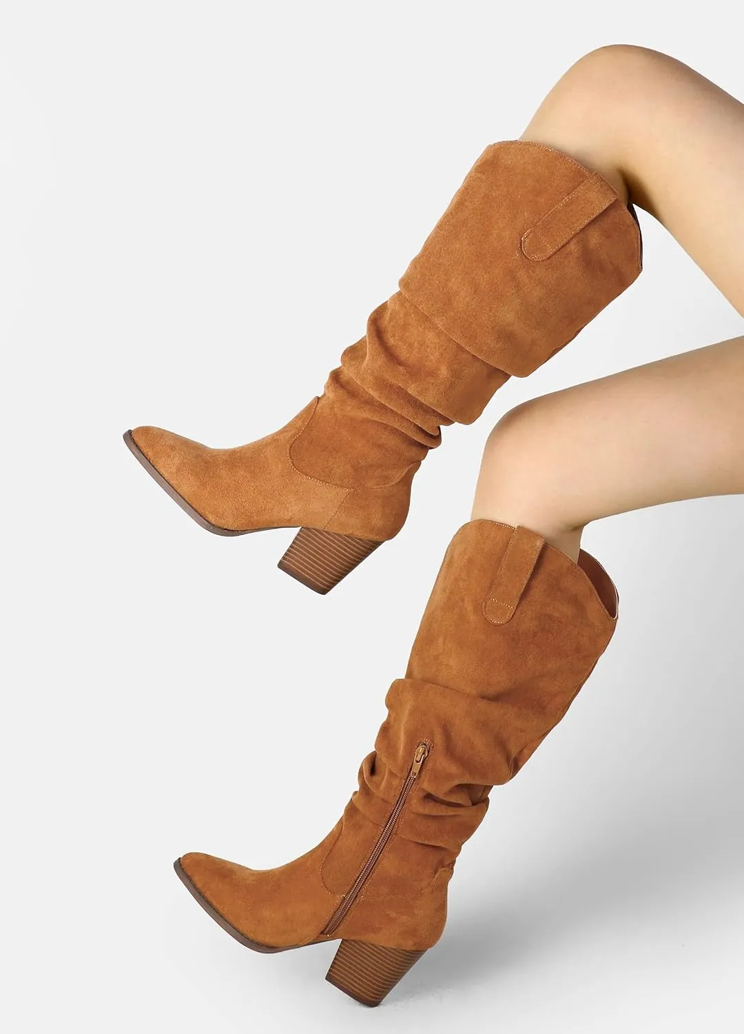 mysoft Women's Cowboy Knee-High Boots Pointed Toe Mid Chunky Heel Pull On Slouchy Boots with Zippers