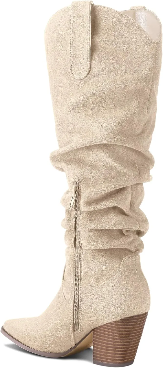 mysoft Women's Cowboy Knee-High Boots Pointed Toe Mid Chunky Heel Pull On Slouchy Boots with Zippers