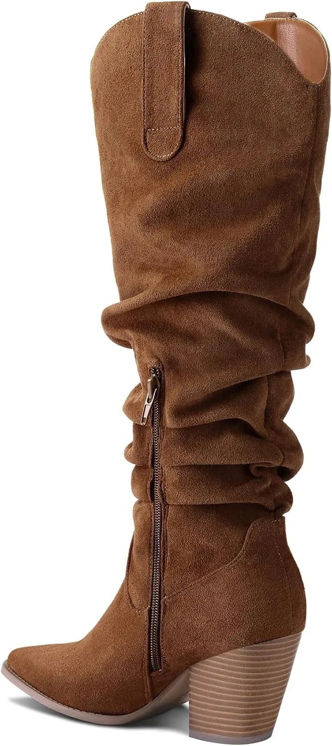 mysoft Women's Cowboy Knee-High Boots Pointed Toe Mid Chunky Heel Pull On Slouchy Boots with Zippers