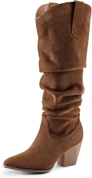 mysoft Women's Cowboy Knee-High Boots Pointed Toe Mid Chunky Heel Pull On Slouchy Boots with Zippers