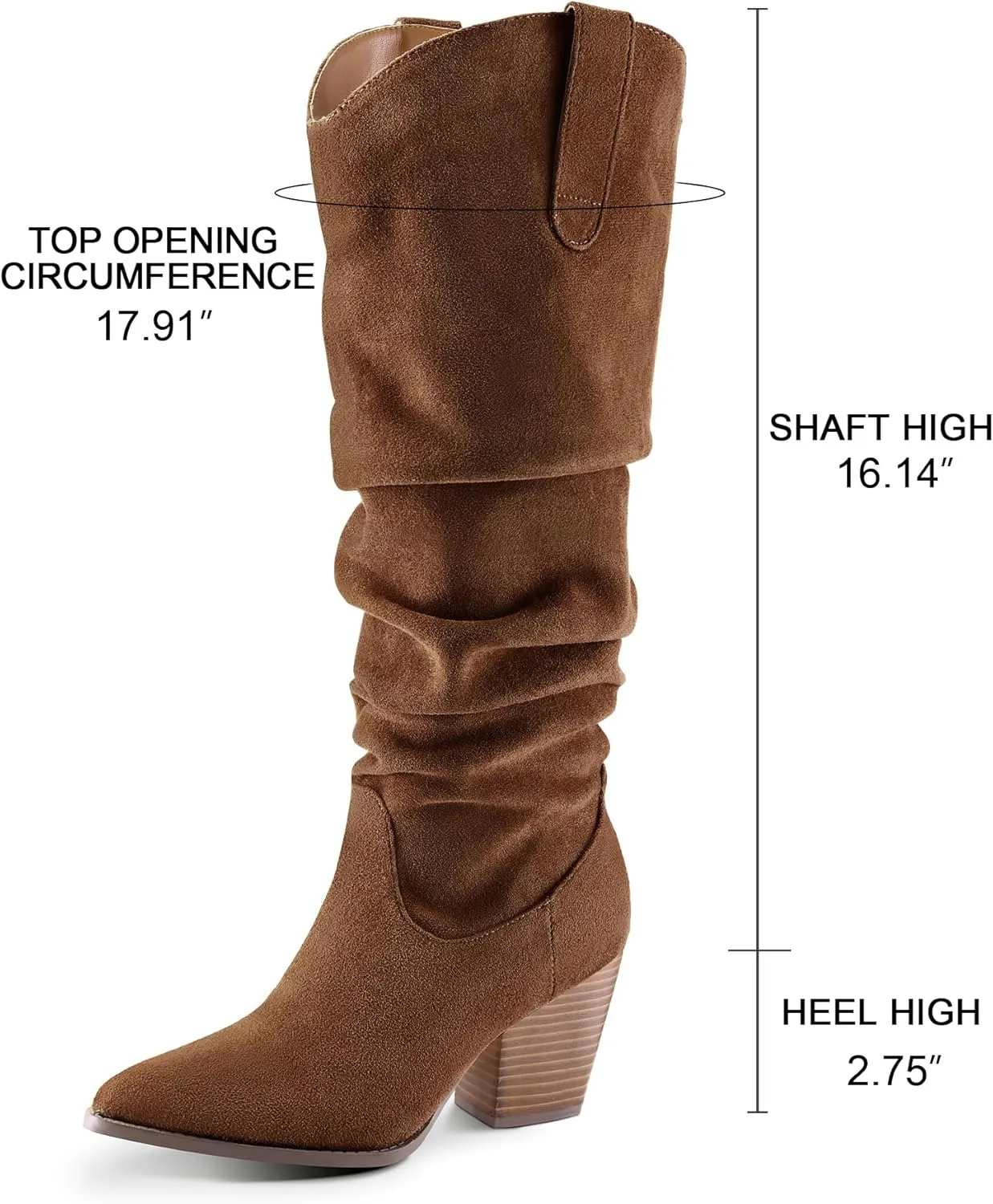 mysoft Women's Cowboy Knee-High Boots Pointed Toe Mid Chunky Heel Pull On Slouchy Boots with Zippers