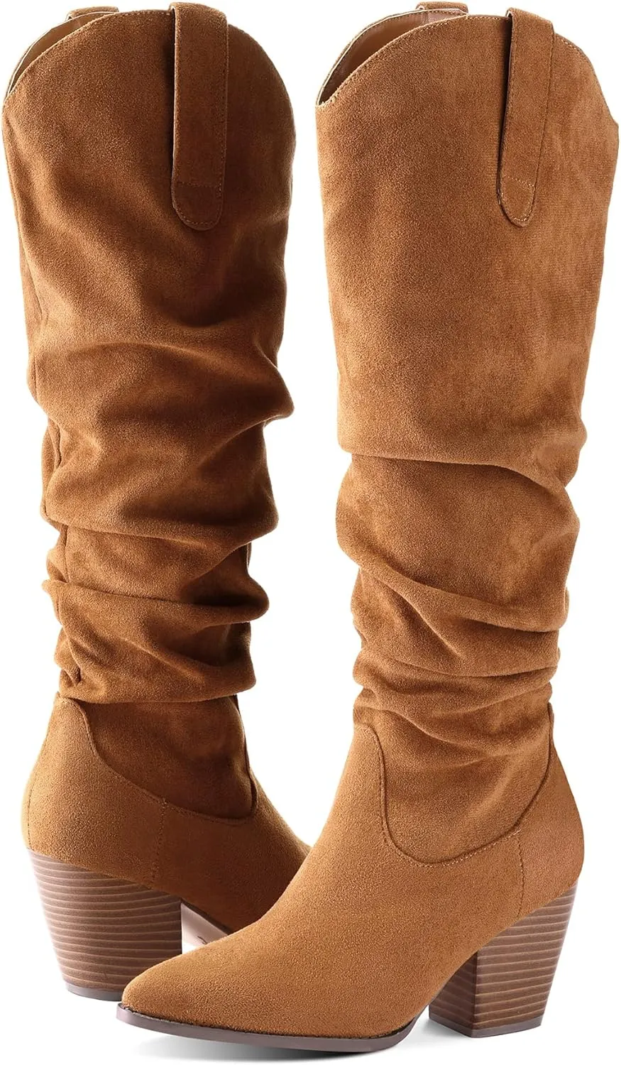 mysoft Women's Cowboy Knee-High Boots Pointed Toe Mid Chunky Heel Pull On Slouchy Boots with Zippers