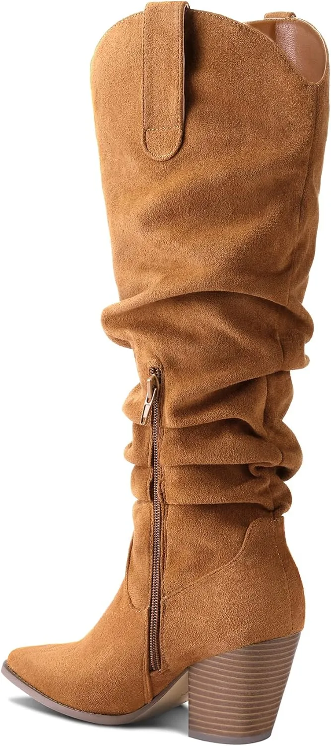 mysoft Women's Cowboy Knee-High Boots Pointed Toe Mid Chunky Heel Pull On Slouchy Boots with Zippers