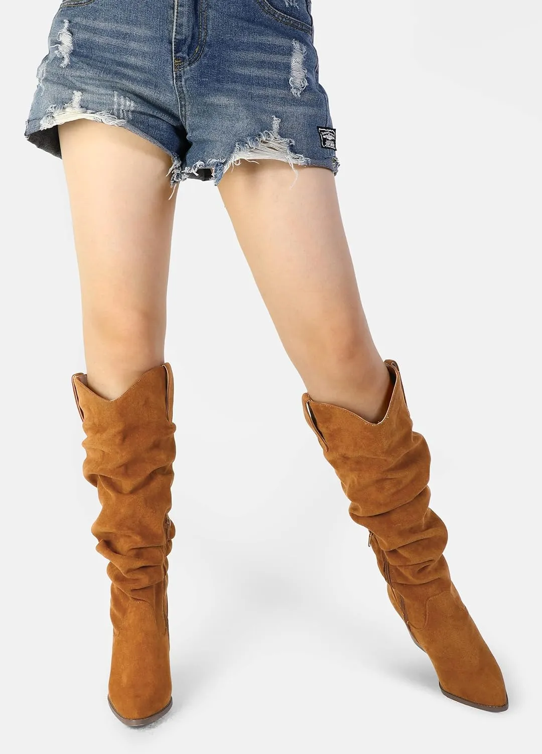 mysoft Women's Cowboy Knee-High Boots Pointed Toe Mid Chunky Heel Pull On Slouchy Boots with Zippers