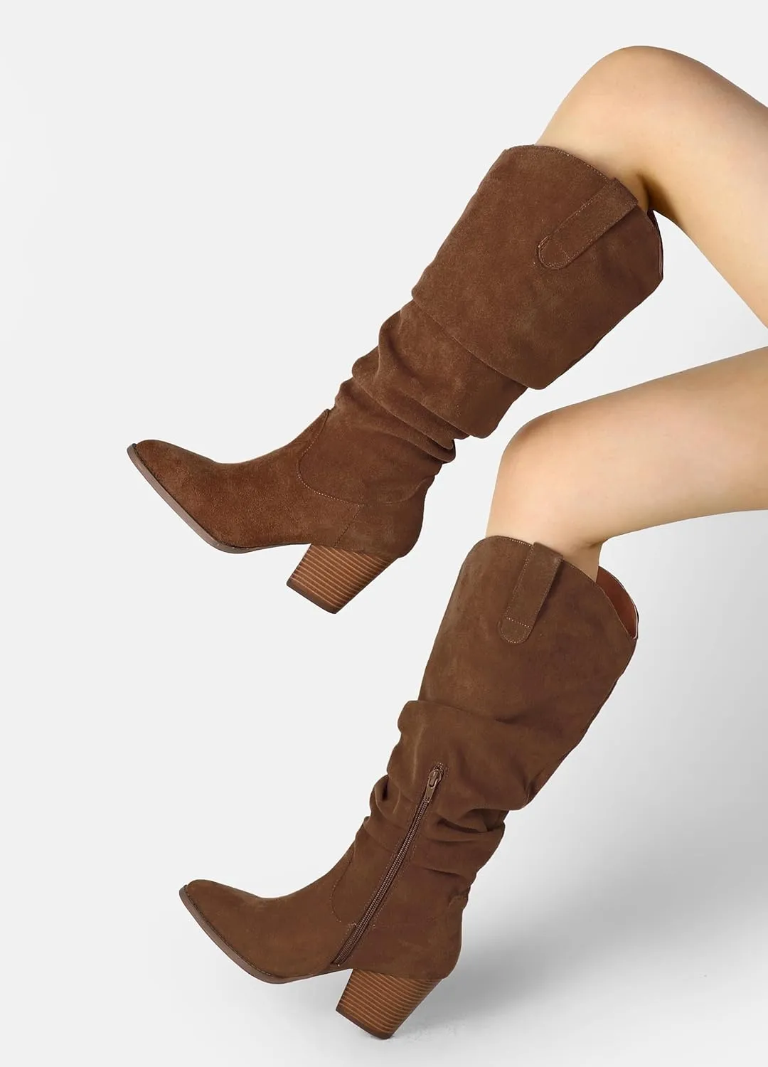 mysoft Women's Cowboy Knee-High Boots Pointed Toe Mid Chunky Heel Pull On Slouchy Boots with Zippers