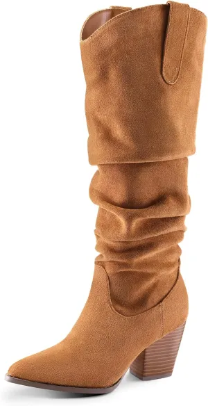 mysoft Women's Cowboy Knee-High Boots Pointed Toe Mid Chunky Heel Pull On Slouchy Boots with Zippers