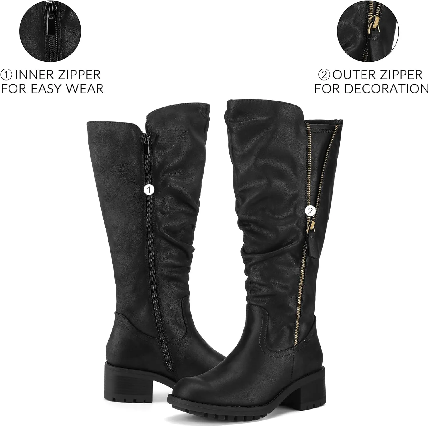 mysoft Women's Knee High Boots Side Zipper Lug Sole 2 Inch Stacked Chunky Heel Boots