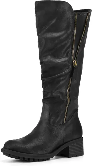 mysoft Women's Knee High Boots Side Zipper Lug Sole 2 Inch Stacked Chunky Heel Boots