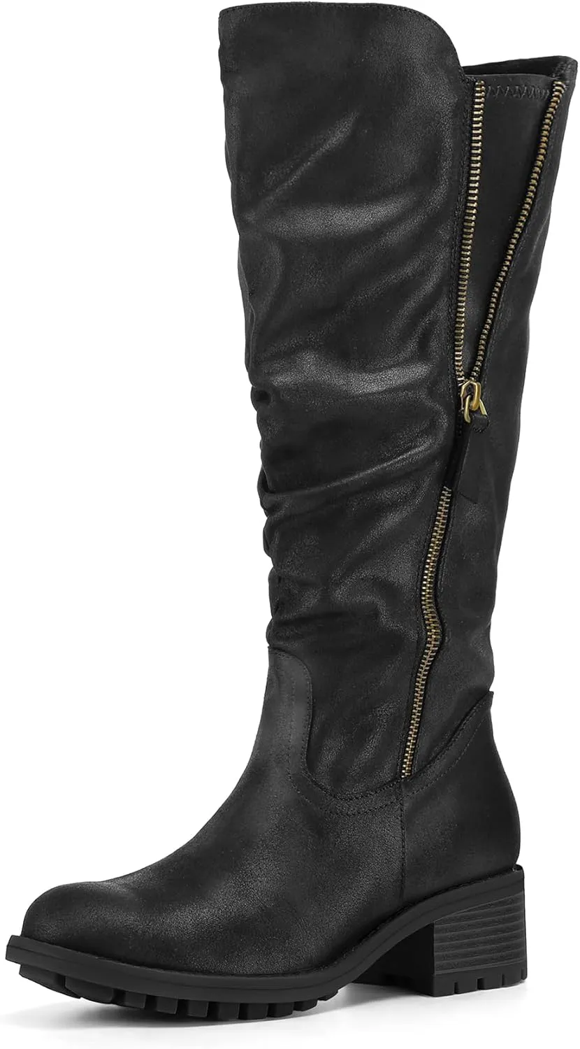 mysoft Women's Knee High Boots Side Zipper Lug Sole 2 Inch Stacked Chunky Heel Boots