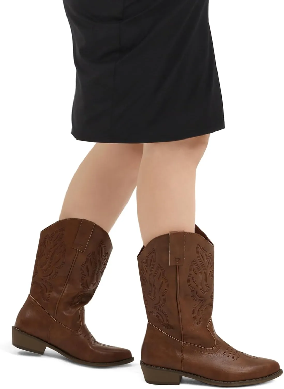 mysoft Women's Wide Calf Cowboy Boots Pull-On Mid-Calf Embroidered Pointed Toe Retro Western Boots