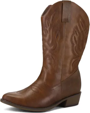 mysoft Women's Wide Calf Cowboy Boots Pull-On Mid-Calf Embroidered Pointed Toe Retro Western Boots