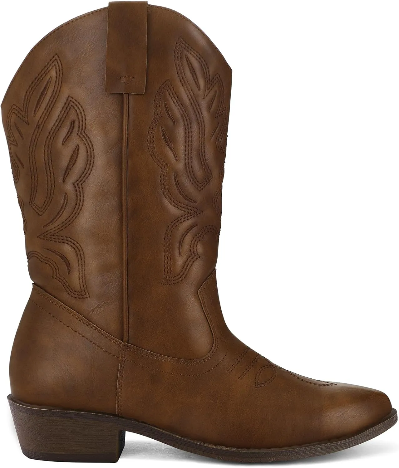 mysoft Women's Wide Calf Cowboy Boots Pull-On Mid-Calf Embroidered Pointed Toe Retro Western Boots