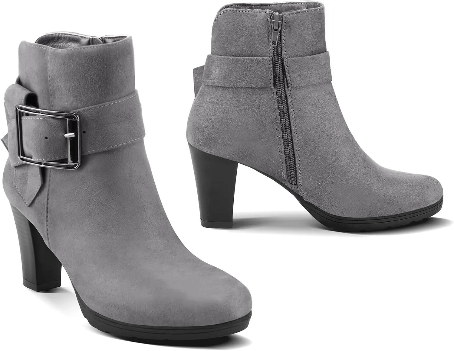 mysoft Women's Wide Width Ankle Boots Chunky Heel Ankle Strap Buckle Booties with Zipper