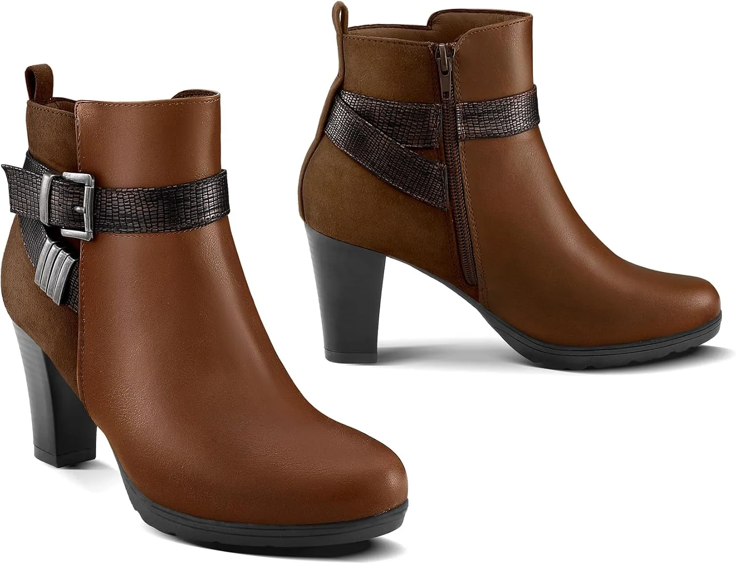 mysoft Women's Wide Width Ankle Boots Chunky Heel Ankle Strap Buckle Booties with Zipper