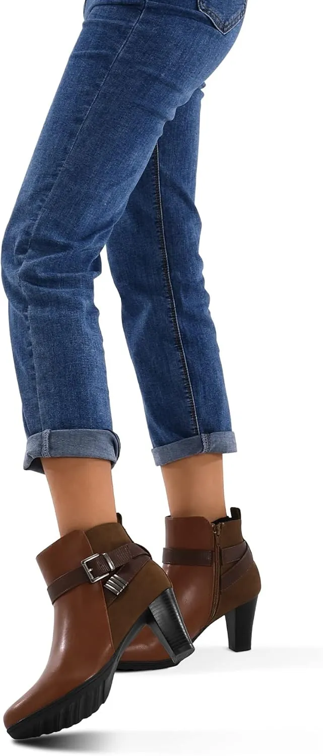 mysoft Women's Wide Width Ankle Boots Chunky Heel Ankle Strap Buckle Booties with Zipper