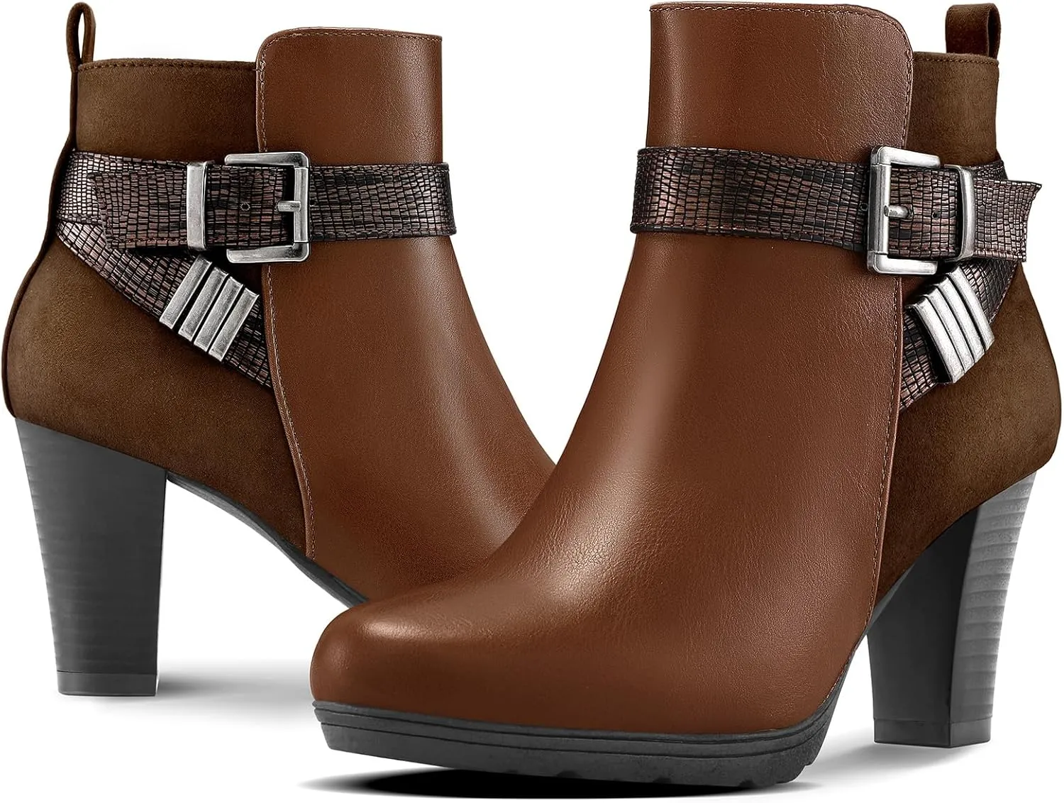 mysoft Women's Wide Width Ankle Boots Chunky Heel Ankle Strap Buckle Booties with Zipper