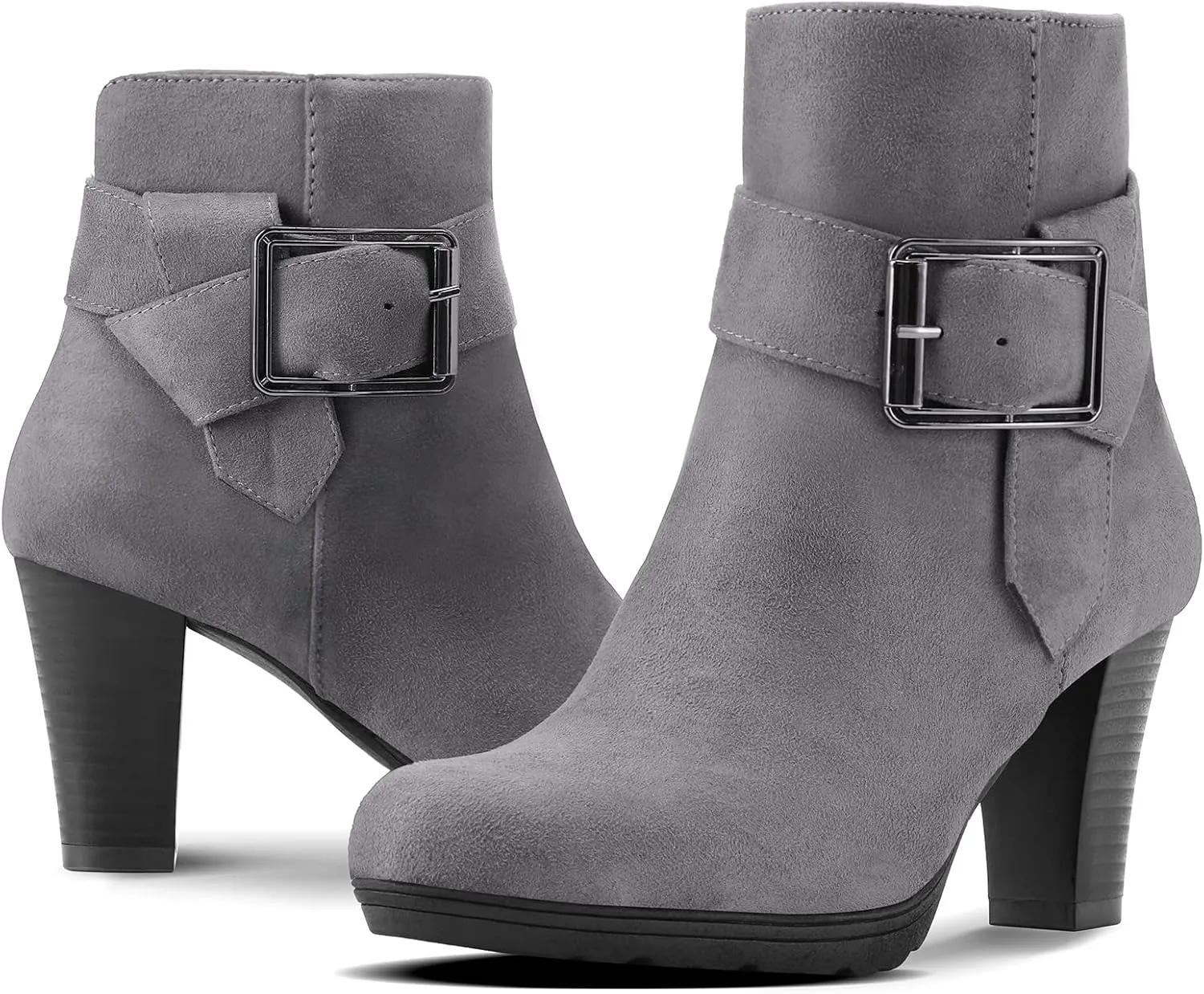 mysoft Women's Wide Width Ankle Boots Chunky Heel Ankle Strap Buckle Booties with Zipper