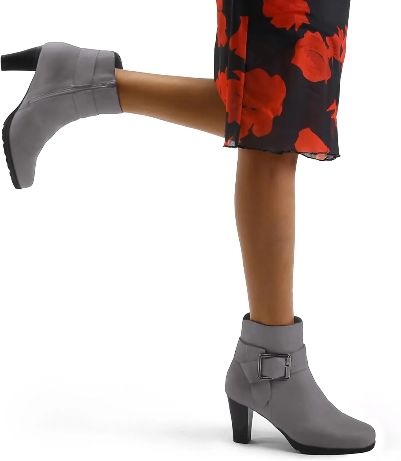 mysoft Women's Wide Width Ankle Boots Chunky Heel Ankle Strap Buckle Booties with Zipper