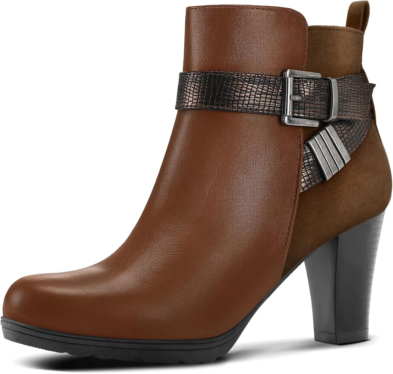 mysoft Women's Wide Width Ankle Boots Chunky Heel Ankle Strap Buckle Booties with Zipper