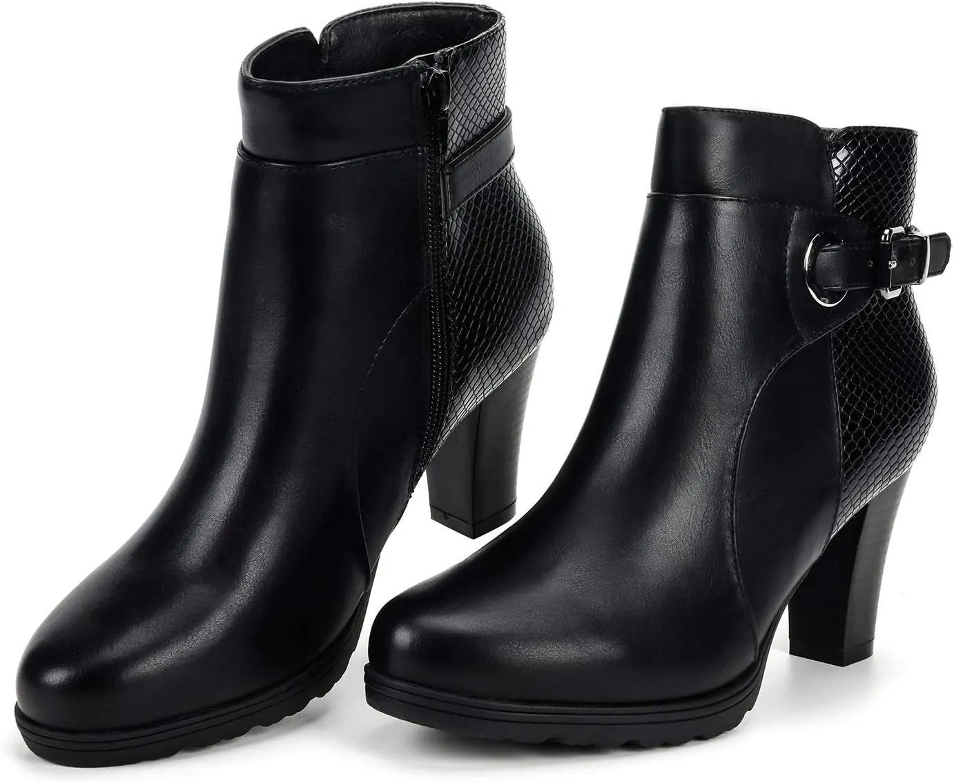 mysoft Women's Zipper Booties Chunky Stacked Heel Ankle Boots Buckle Strap Ankle