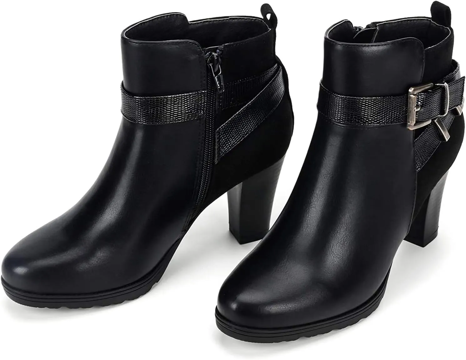 mysoft Women's Zipper Booties Chunky Stacked Heel Ankle Boots Buckle Strap Ankle