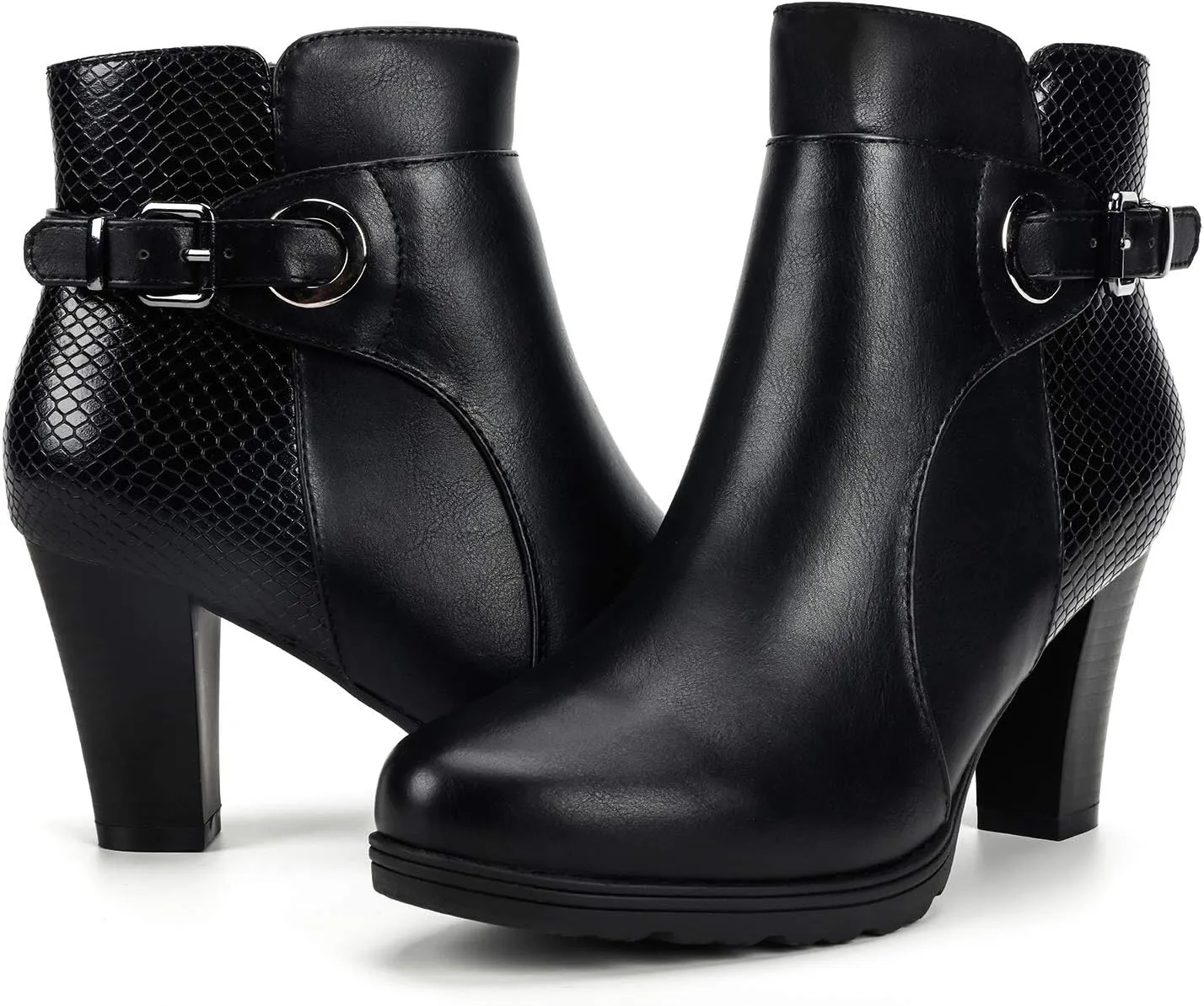 mysoft Women's Zipper Booties Chunky Stacked Heel Ankle Boots Buckle Strap Ankle
