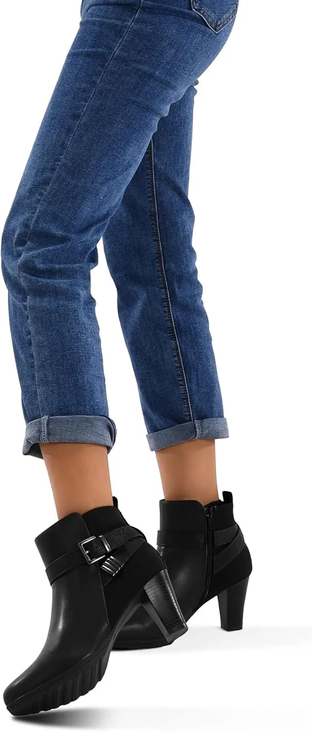 mysoft Women's Zipper Booties Chunky Stacked Heel Ankle Boots Buckle Strap Ankle