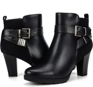 mysoft Women's Zipper Booties Chunky Stacked Heel Ankle Boots Buckle Strap Ankle