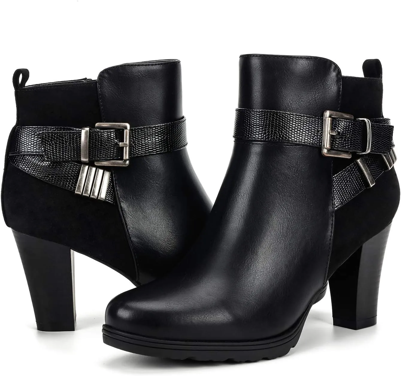 mysoft Women's Zipper Booties Chunky Stacked Heel Ankle Boots Buckle Strap Ankle