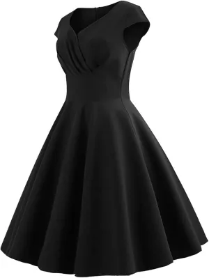 NaRHbrg Women's 1950s Vintage Dress Wrap V Neck Cap Sleeve Dress Retro Cocktail Party Swing Dresses A-Line Flared Midi Dress