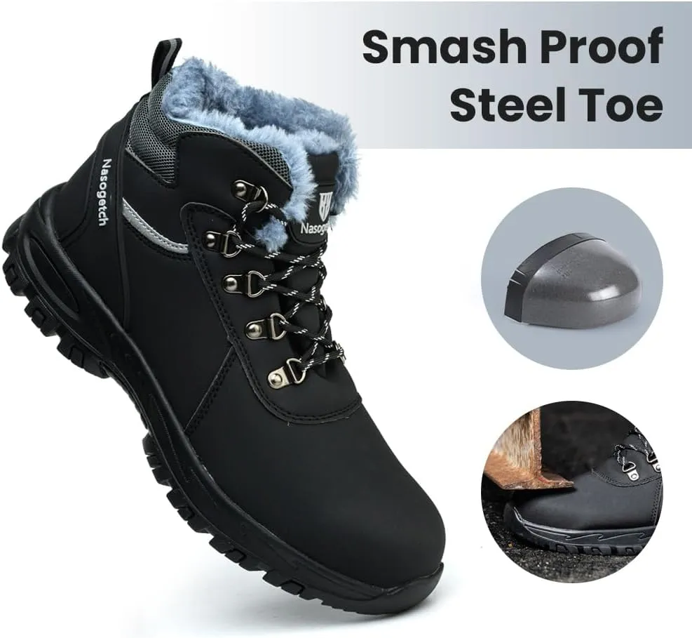 Nasogetch Steel Toe Boots for Men Women Work Boots Comfortable Lightweight Steel Toe Shoes Puncture Proof Non Slip Work Shoes Fleece-Lined