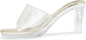 NBUUNBU Chunky Heels for Women Clear Platform Heels Sexy Block High Heels Sandals Square Toe Open Toe Transparent Strap Comfortable Dress Shoes Slip on Mules