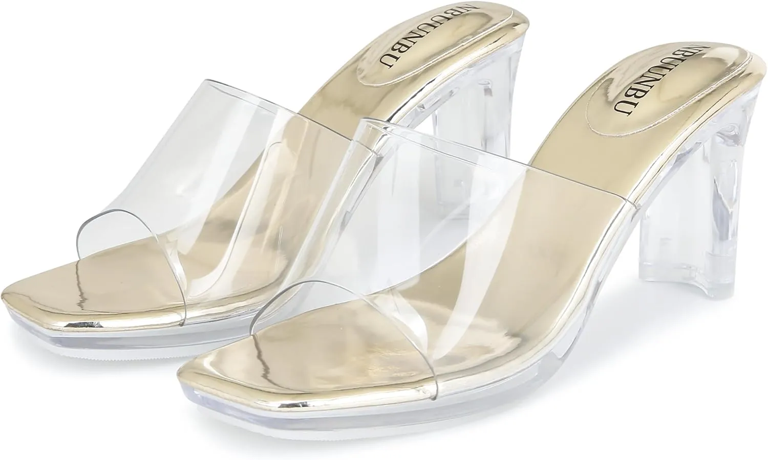 NBUUNBU Chunky Heels for Women Clear Platform Heels Sexy Block High Heels Sandals Square Toe Open Toe Transparent Strap Comfortable Dress Shoes Slip on Mules