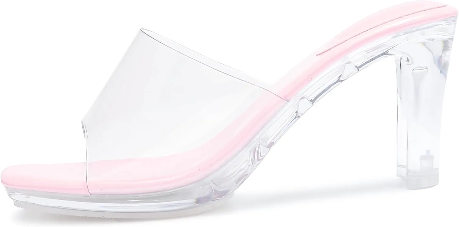 NBUUNBU Chunky Heels for Women Clear Platform Heels Sexy Block High Heels Sandals Square Toe Open Toe Transparent Strap Comfortable Dress Shoes Slip on Mules