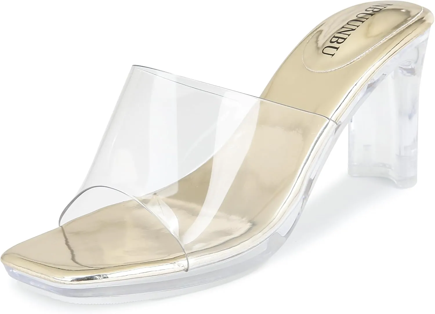 NBUUNBU Chunky Heels for Women Clear Platform Heels Sexy Block High Heels Sandals Square Toe Open Toe Transparent Strap Comfortable Dress Shoes Slip on Mules