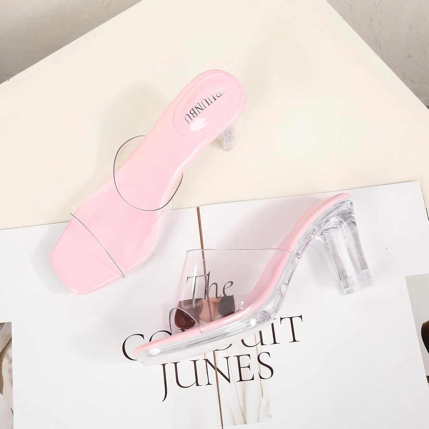 NBUUNBU Chunky Heels for Women Clear Platform Heels Sexy Block High Heels Sandals Square Toe Open Toe Transparent Strap Comfortable Dress Shoes Slip on Mules