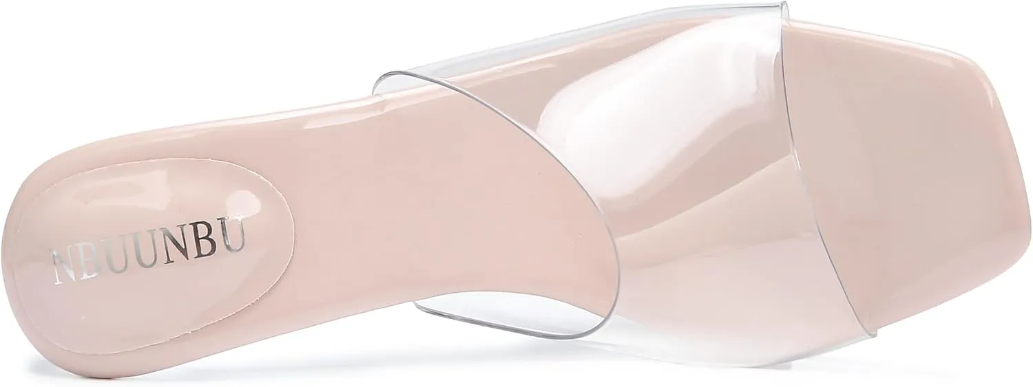 NBUUNBU Chunky Heels for Women Clear Platform Heels Sexy Block High Heels Sandals Square Toe Open Toe Transparent Strap Comfortable Dress Shoes Slip on Mules