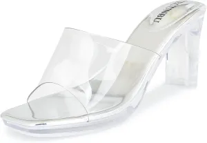NBUUNBU Chunky Heels for Women Clear Platform Heels Sexy Block High Heels Sandals Square Toe Open Toe Transparent Strap Comfortable Dress Shoes Slip on Mules