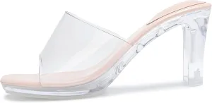 NBUUNBU Chunky Heels for Women Clear Platform Heels Sexy Block High Heels Sandals Square Toe Open Toe Transparent Strap Comfortable Dress Shoes Slip on Mules