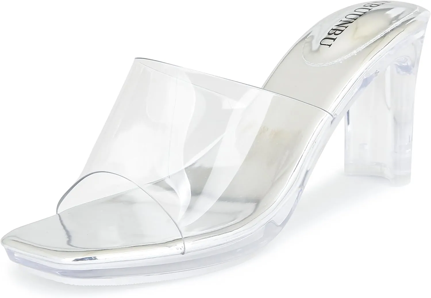 NBUUNBU Chunky Heels for Women Clear Platform Heels Sexy Block High Heels Sandals Square Toe Open Toe Transparent Strap Comfortable Dress Shoes Slip on Mules