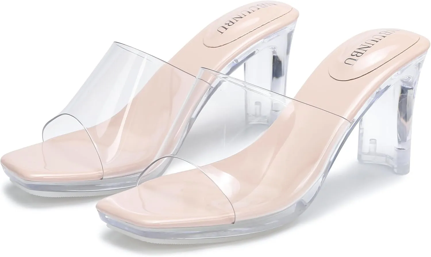 NBUUNBU Chunky Heels for Women Clear Platform Heels Sexy Block High Heels Sandals Square Toe Open Toe Transparent Strap Comfortable Dress Shoes Slip on Mules