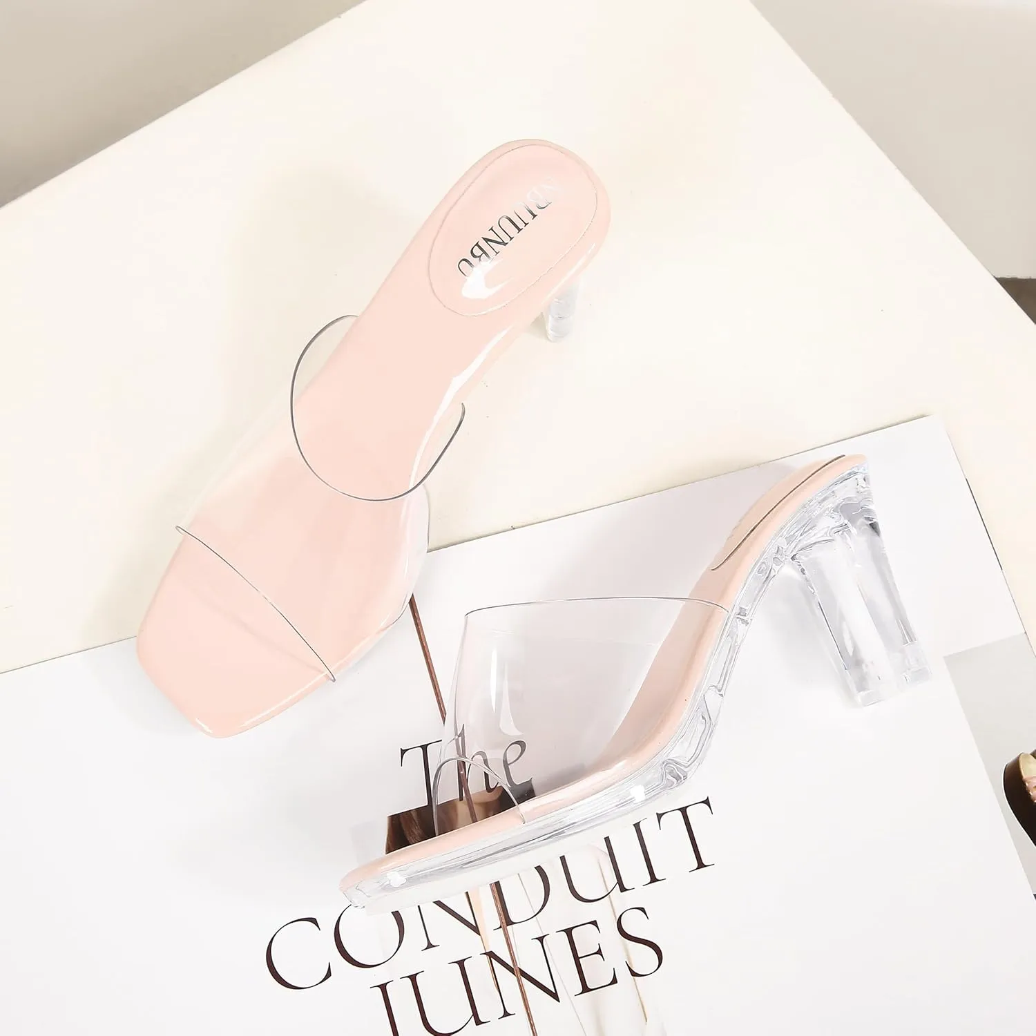 NBUUNBU Chunky Heels for Women Clear Platform Heels Sexy Block High Heels Sandals Square Toe Open Toe Transparent Strap Comfortable Dress Shoes Slip on Mules