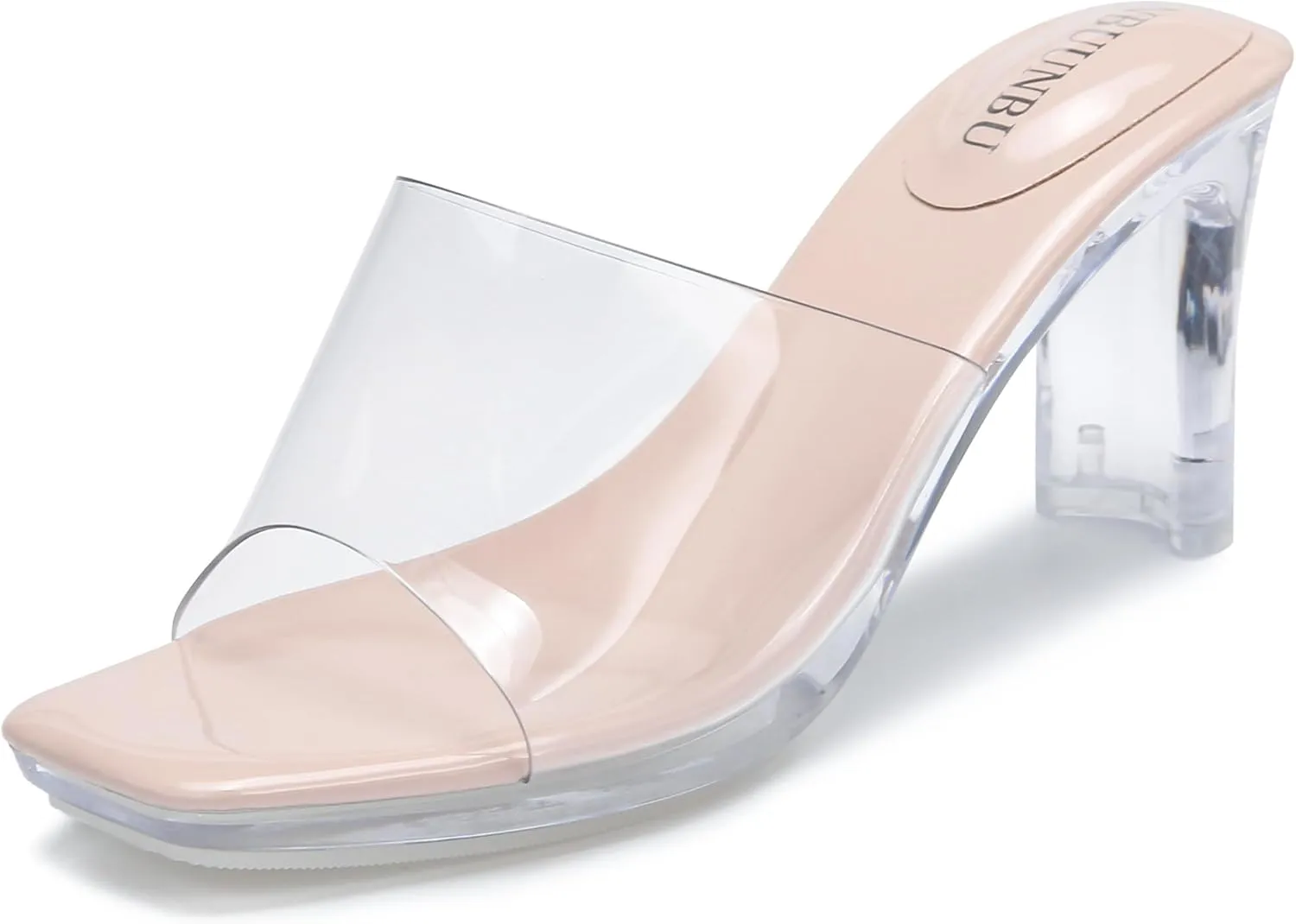 NBUUNBU Chunky Heels for Women Clear Platform Heels Sexy Block High Heels Sandals Square Toe Open Toe Transparent Strap Comfortable Dress Shoes Slip on Mules