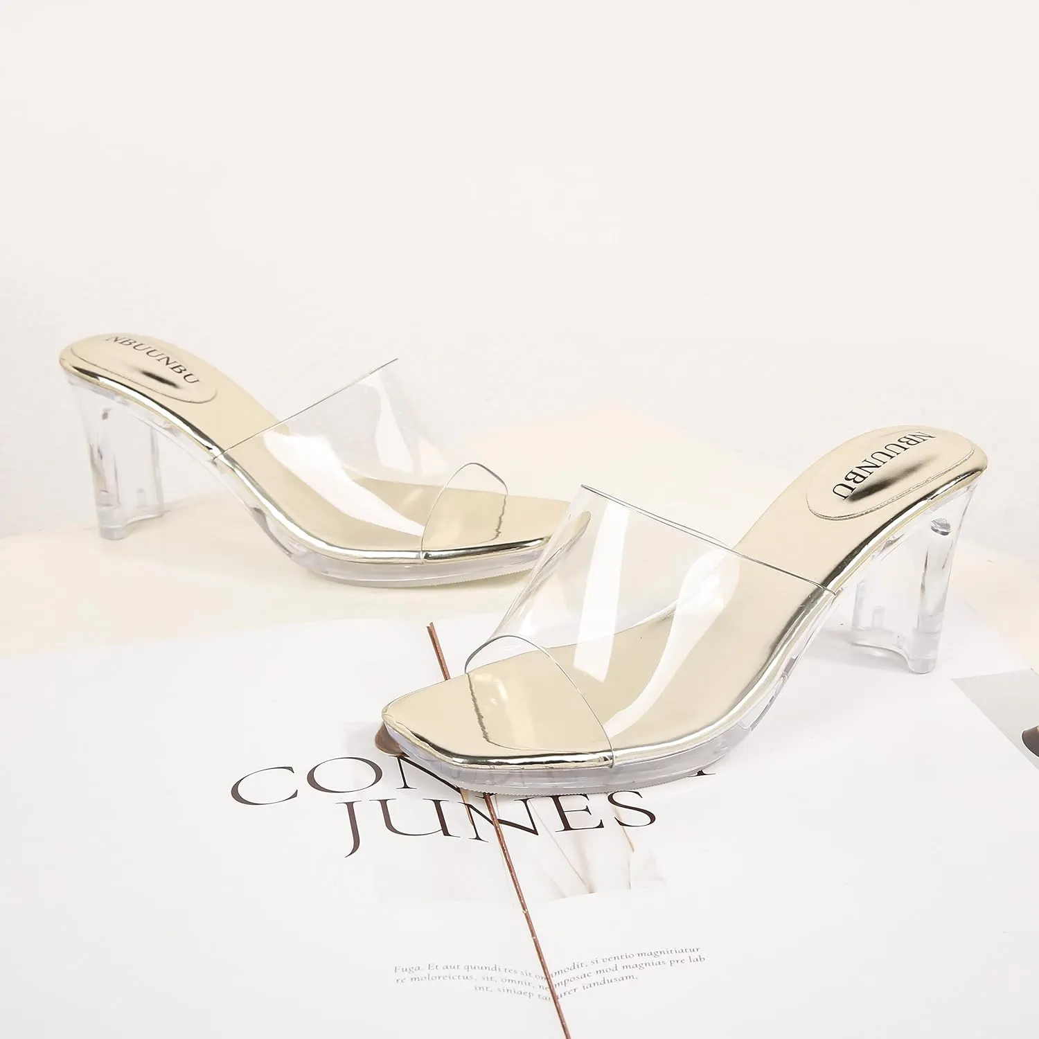 NBUUNBU Chunky Heels for Women Clear Platform Heels Sexy Block High Heels Sandals Square Toe Open Toe Transparent Strap Comfortable Dress Shoes Slip on Mules