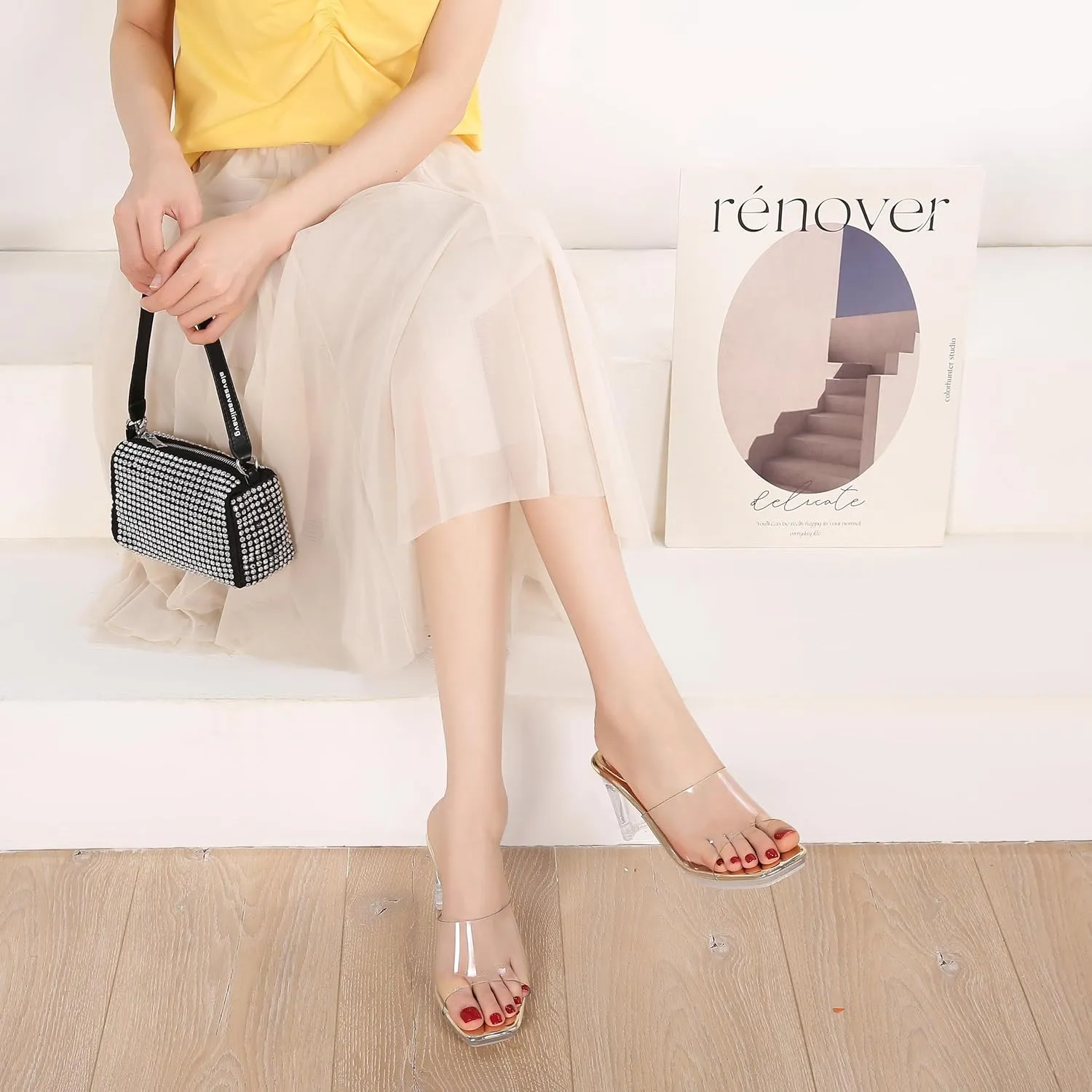 NBUUNBU Chunky Heels for Women Clear Platform Heels Sexy Block High Heels Sandals Square Toe Open Toe Transparent Strap Comfortable Dress Shoes Slip on Mules