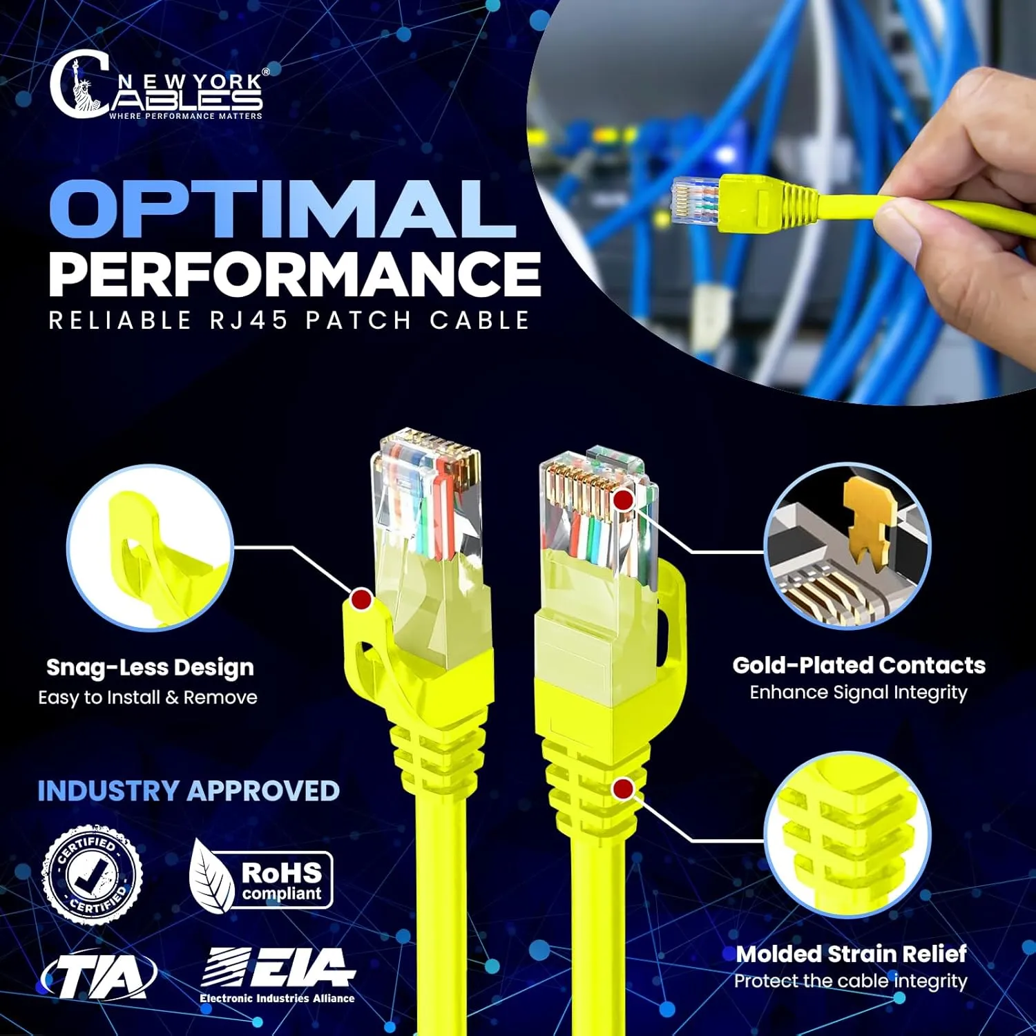 NewYork Cables Cat6 Ethernet Patch Cable 1 ft (10 Pack), Snagless Cat6 Patch Cables for Data Centers, 10Gbps, 550Mhz Ethernet Cord, Bare Copper Network Patch Cables for Home and Enterprise -Yellow